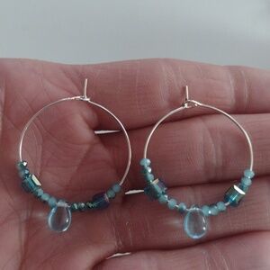 HANDMADE SILVER-PLATED OVER BRASS SHADES OF GREEN BEADED WIRE HOOP 4" EARRINGS